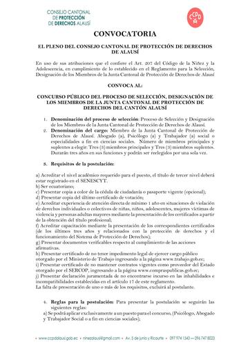 CONVOCATORIA. CONCURSO PÚBLICO DEL PROCESO DE SELECCIÓN, DESIGNACIÓN DE LOS MIEMBROS DE LA JUNTA CANTONAL DE PROTECCIÓN DE DERECHOS DEL CANTÓN ALAUSÍ