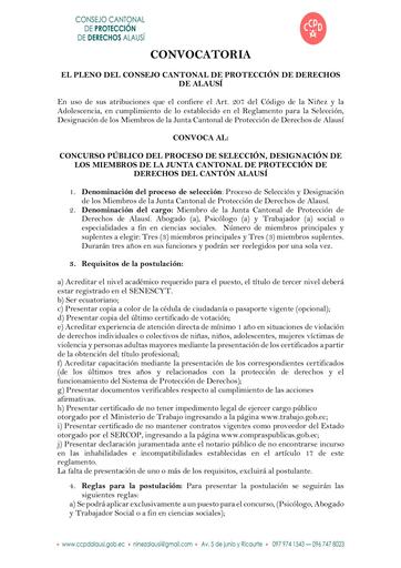 CONVOCATORIA, CONCURSO PÚBLICO DEL PROCESO DE SELECCIÓN, DESIGNACIÓN DE LOS MIEMBROS DE LA JUNTA CANTONAL DE PROTECCIÓN DE DERECHOS DEL CANTÓN ALAUSÍ